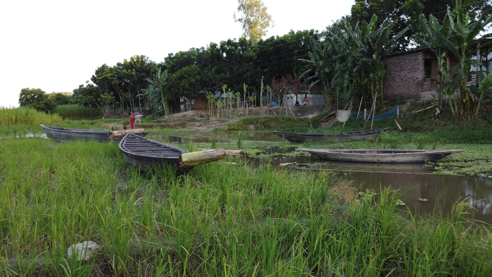 a couple of boats that are sitting in the grass