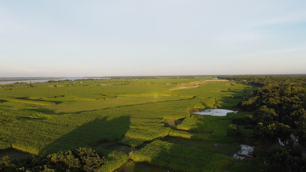 an aerial view of a large green field