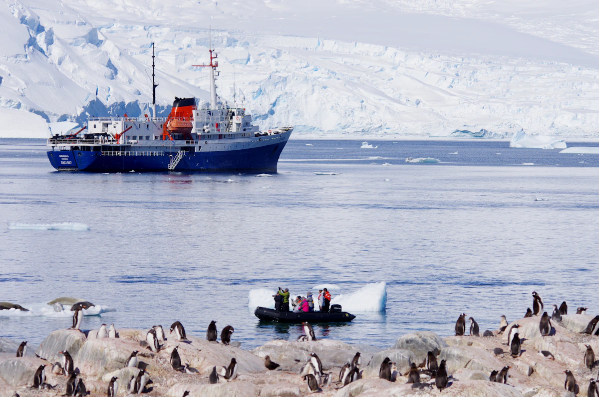Penguins beside a boat in polar water