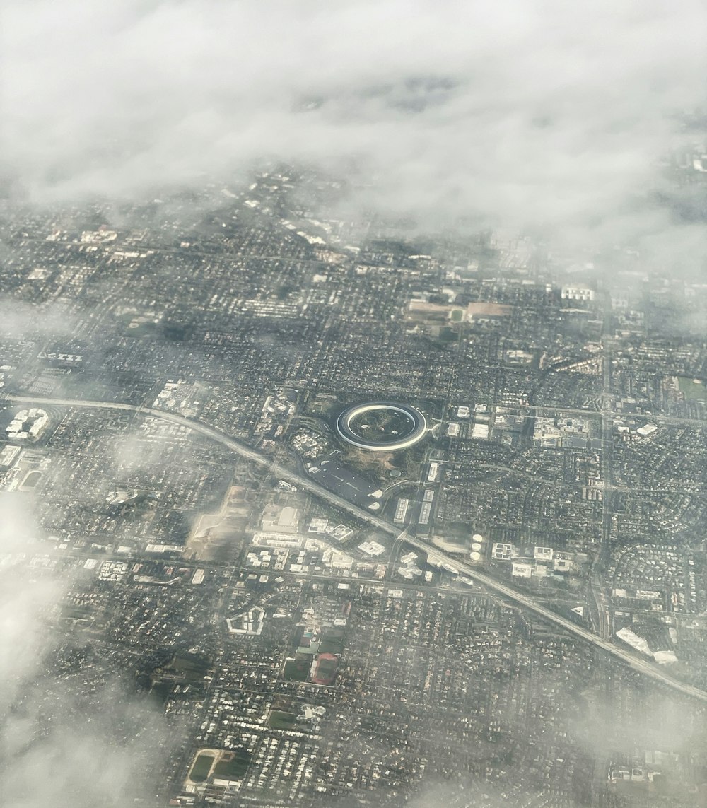 an aerial view of a city from a plane