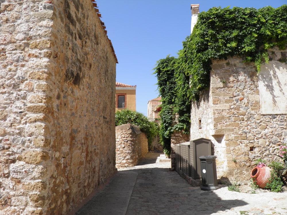 a narrow cobblestone street lined with stone buildings