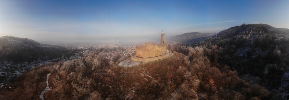 an aerial view of a castle in the middle of a forest