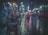 A dimly lit urban street scene at night in a rainy setting, with people walking under umbrellas. The street is lined with shops displaying vintage clothing and brightly colored garments. Neon lights and signs above cast colorful reflections on the wet pavement, adding to the moody ambiance.