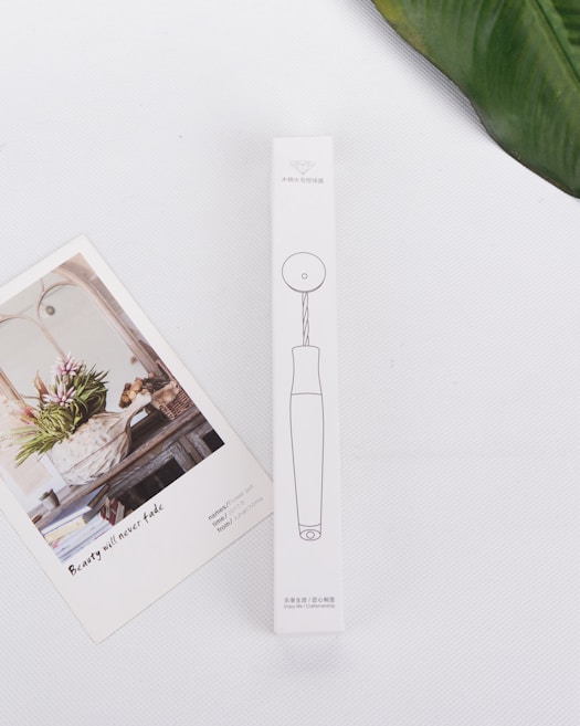 A minimalistic white background hosts a rectangular product box with line drawings and text in a non-English language. Adjacent to the box is an artistic card featuring a floral arrangement in a rustic setting with the text 'Beauty will never fade'. A green leaf partially frames the upper right corner.