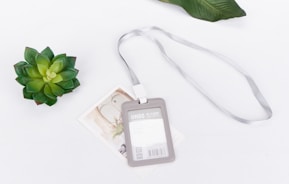 A plastic ID card holder with a silver lanyard lies on a white surface. Nearby, a small green succulent and a decorative card add a touch of nature and elegance.