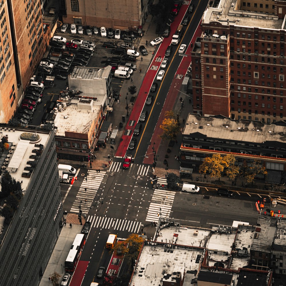 an aerial view of a city street with buildings