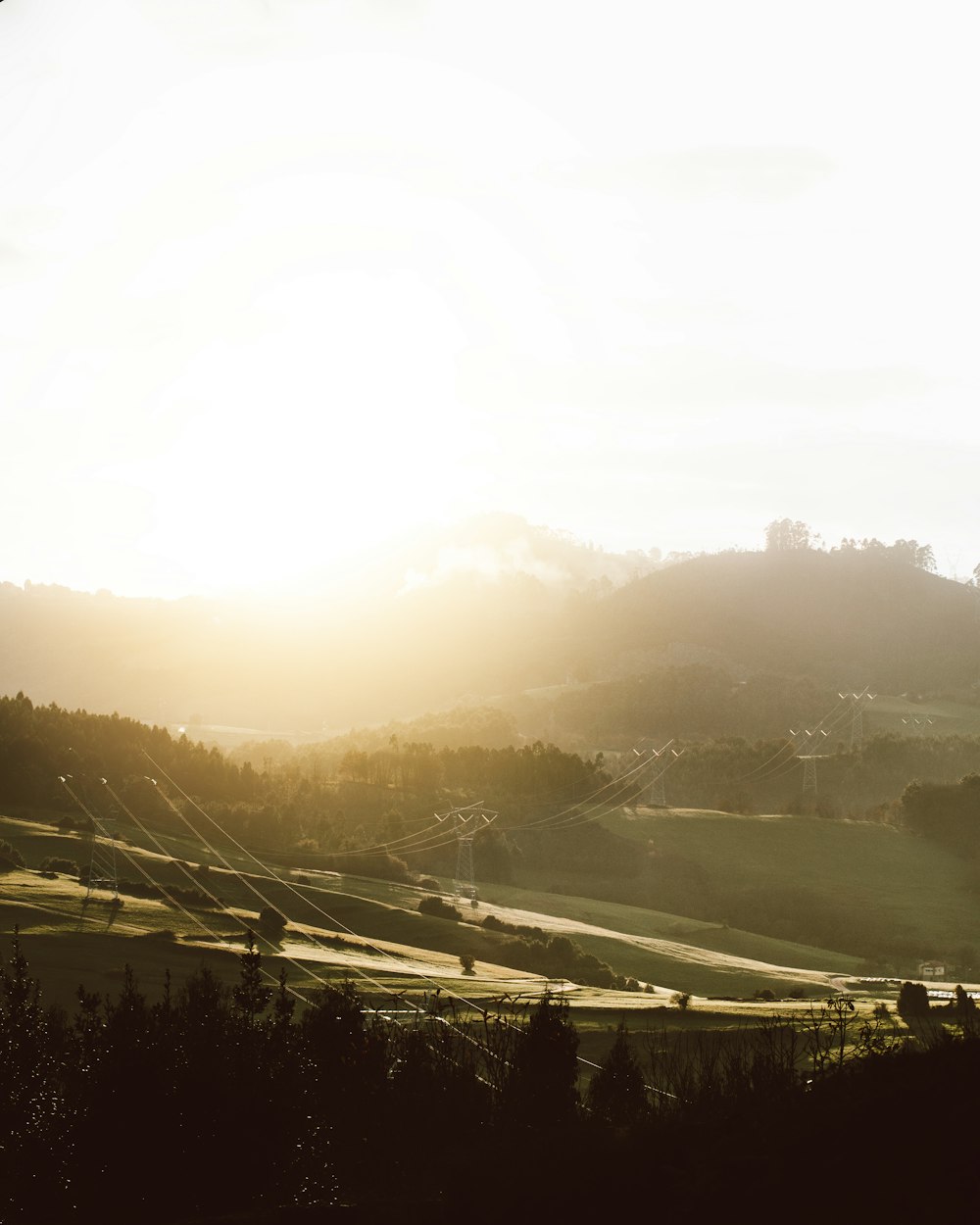 the sun shines brightly over the rolling hills