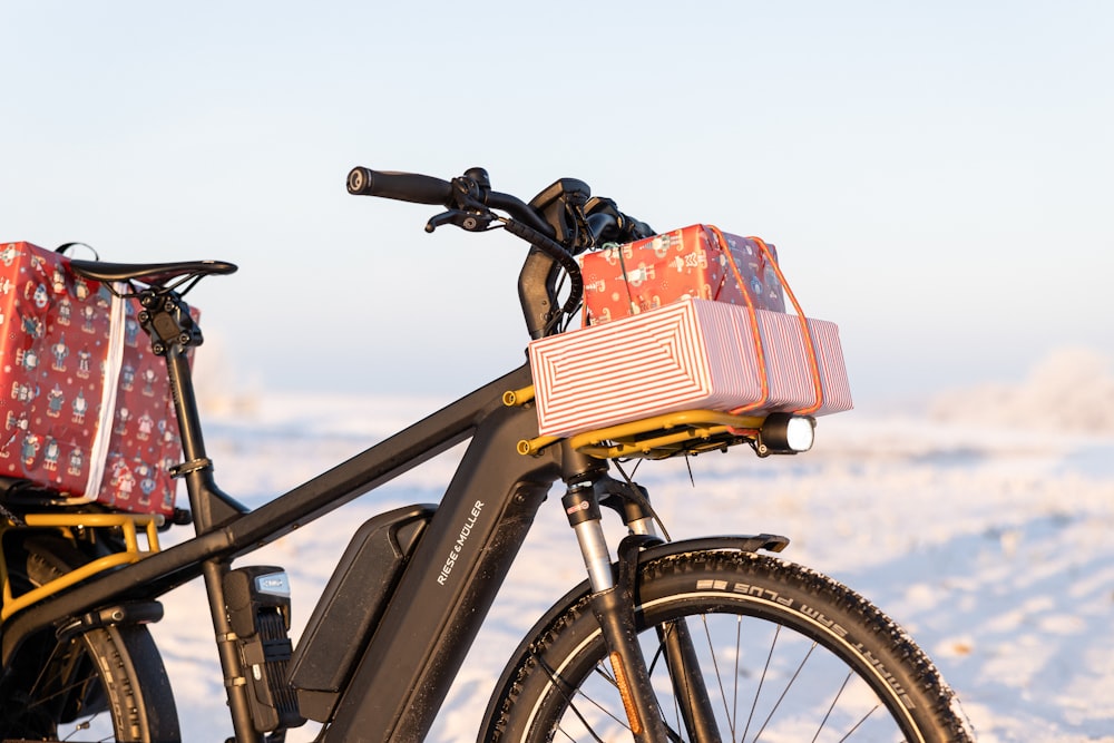 a bicycle with a basket on the back of it