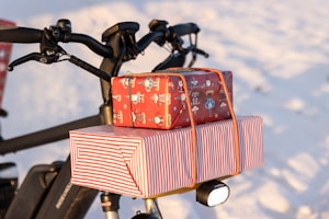 A bicycle with two wrapped gifts secured on the rear rack. The larger gift is wrapped in red and white striped paper, while the smaller one features festive holiday motifs on red paper. Snow covers the ground, suggesting a winter setting.