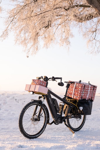 a bicycle with a basket on the back parked in the snow