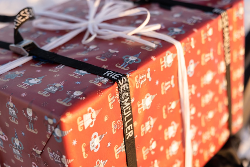a close up of a wrapped present box