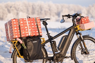 A bicycle loaded with several gift-wrapped packages against a snowy background. The bicycle features a black frame and panniers, with large red and white presents secured on the back and front. There is snow on the ground, and trees are visible in the distance, suggesting a winter setting.