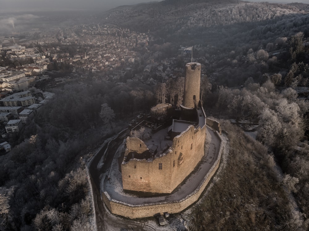 an aerial view of a castle in the middle of a forest