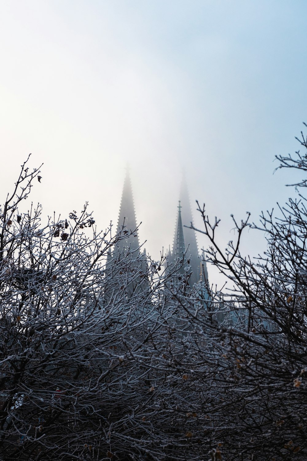 the spires of a church are covered in snow