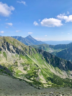 A breathtaking mountain landscape with lush greenery and a clear blue sky.