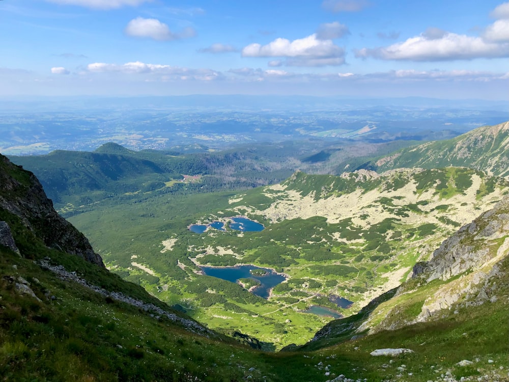 a view of a valley with a lake in the middle of it