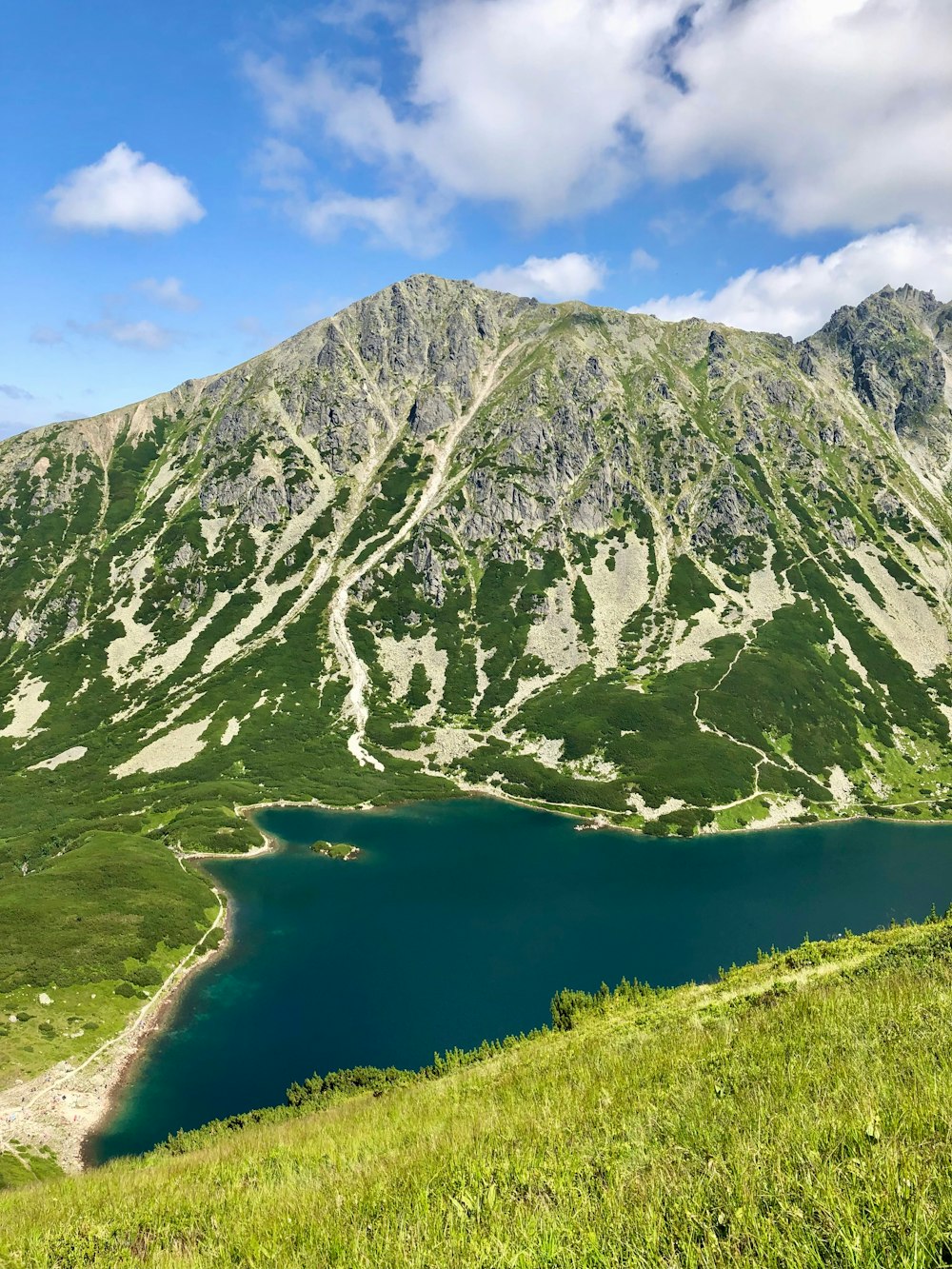 a large body of water sitting in the middle of a lush green hillside