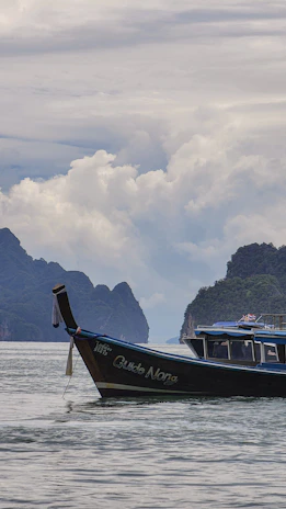A certified boat guide smiling warmly while steering a wooden boat surrounded by tropical scenery.