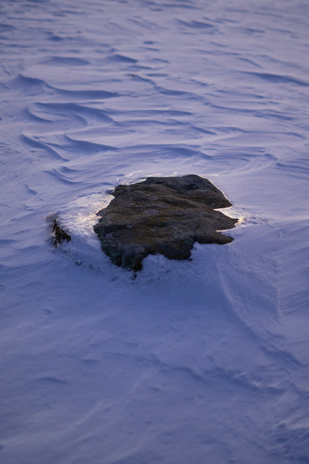 a rock in the middle of a snow covered field