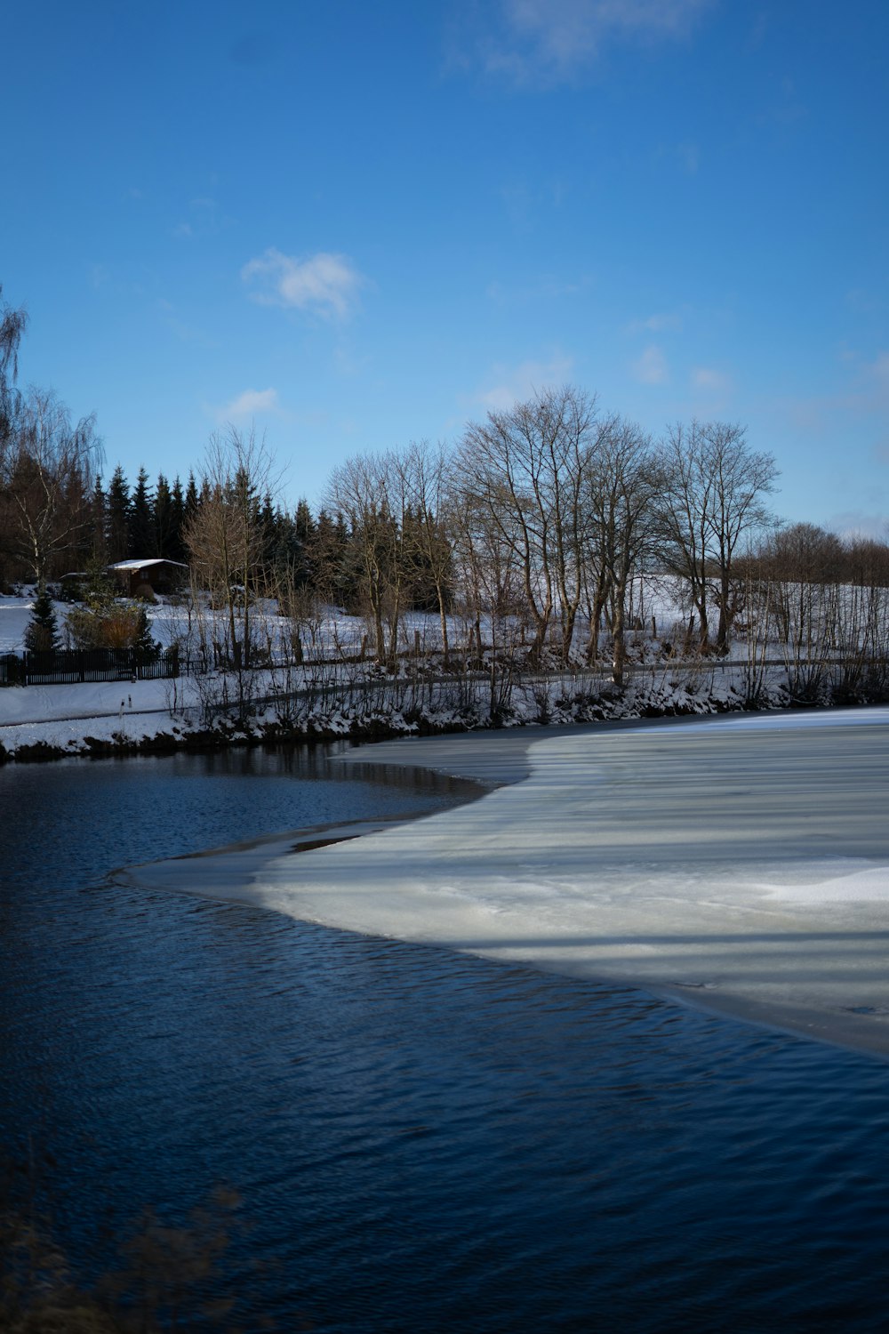 a body of water surrounded by trees and snow