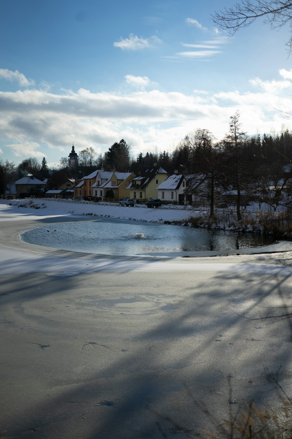 a lake surrounded by snow covered trees and houses