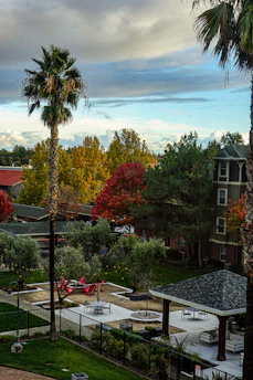 A landscaped garden features a variety of trees, including tall palm trees, with vibrant autumn foliage in shades of red, yellow, and green. There are several seating areas with red and gray chairs and tables. The pergola and paved pathways add structure to the green grass and surrounding flora.