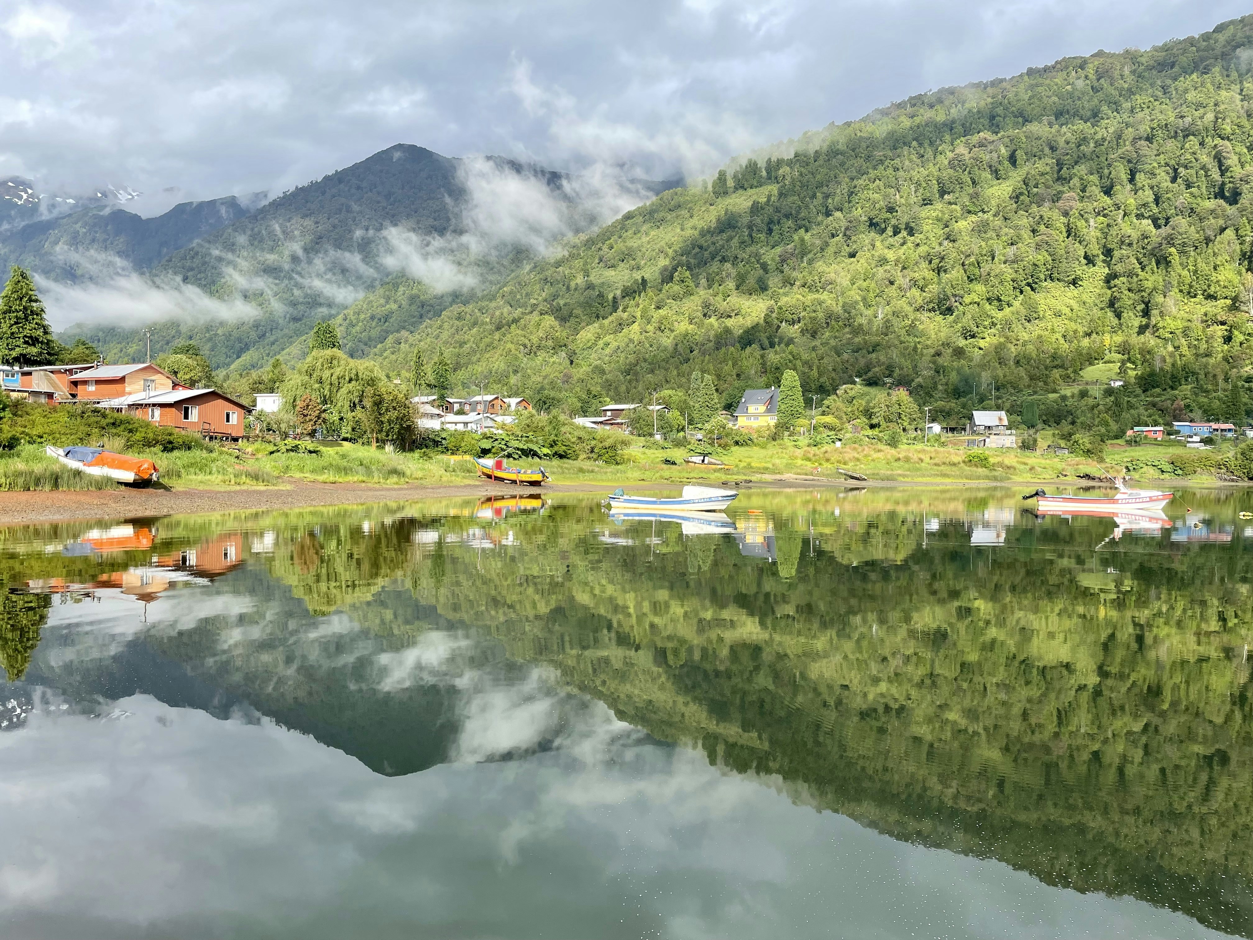 a body of water surrounded by a lush green hillside