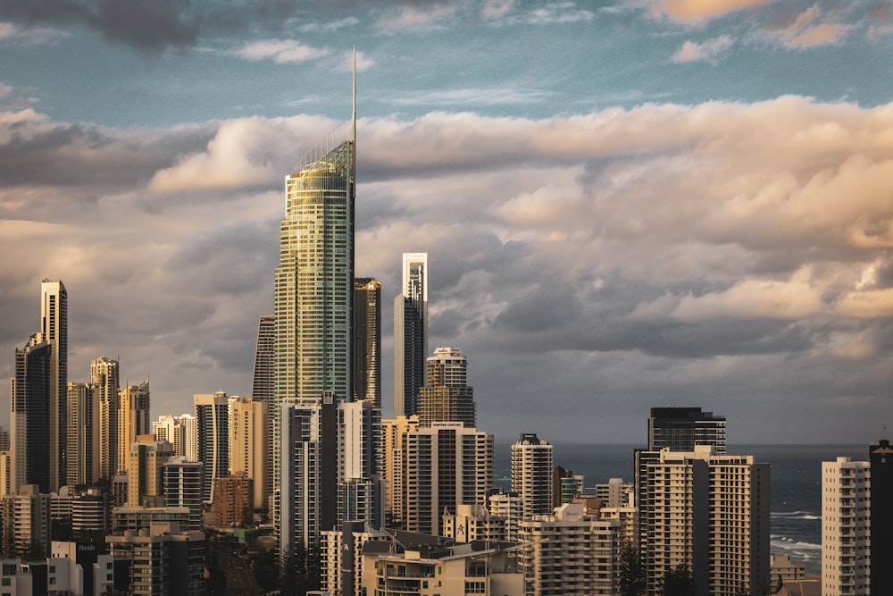 a very tall building towering over a city