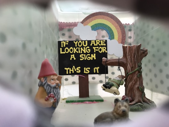 A decorative scene featuring a small gnome holding a mushroom, a sign with the text 'IF YOU ARE LOOKING FOR A SIGN THIS IS IT,' a rainbow above the sign, and a small figurine sitting on a swing attached to a tree. The setting includes playful and whimsical elements, with a subtle green polka dot background.