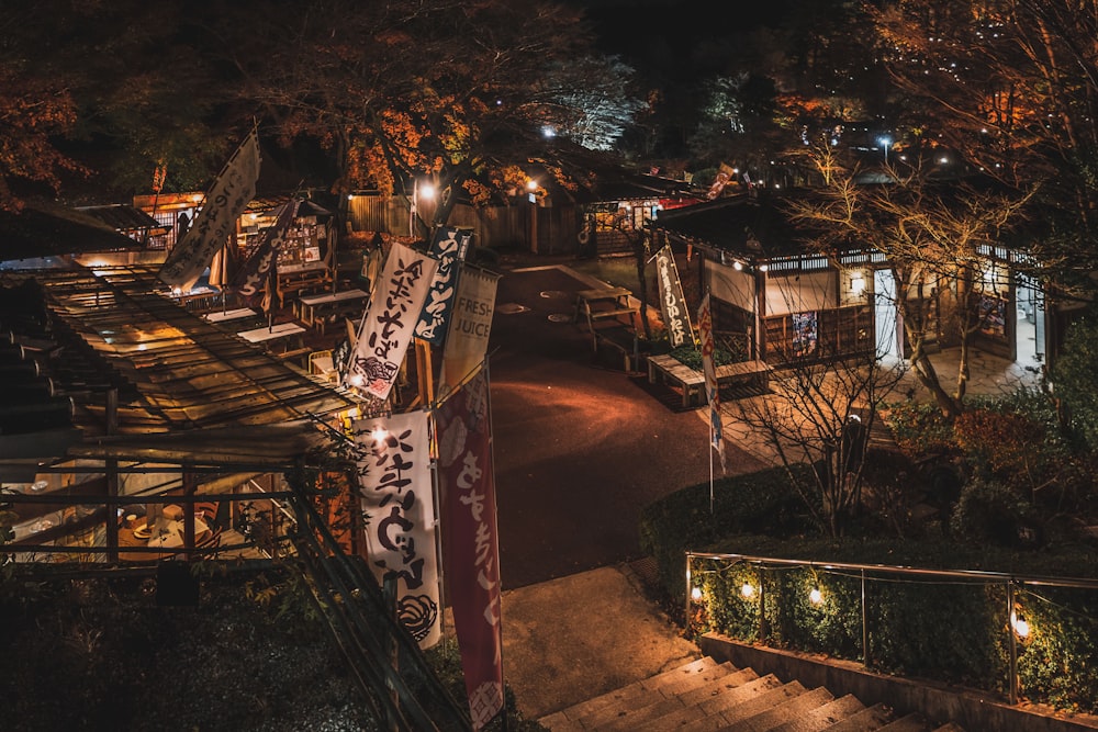 an aerial view of a small village at night