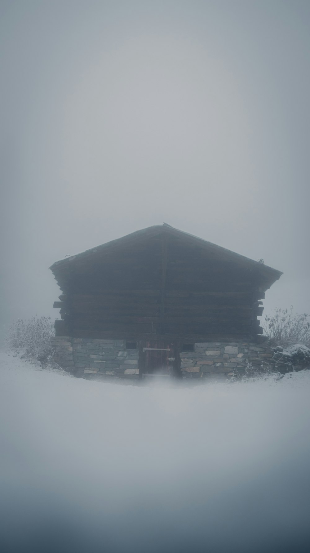 Une cabane au milieu d’un champ brumeux