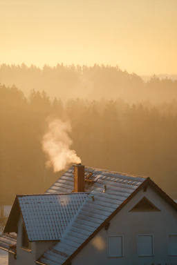 A cozy mountain cabin with smoke curling from the chimney at sunset.