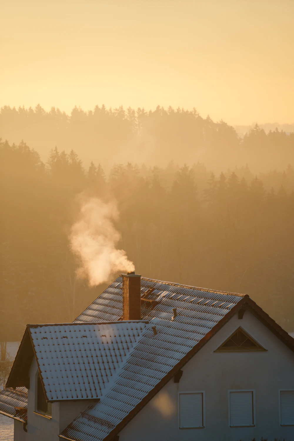 Smoke rising from a home chimney on a cold day