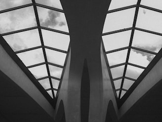 a black and white photo of a skylight in a building