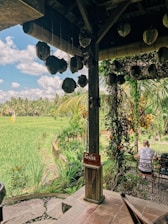 A rustic wooden table in a forest café setting with plates of colorful Indonesian dishes and drinks surrounded by lush greenery.