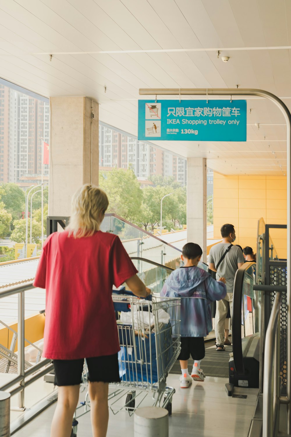 a woman pushing a shopping cart down an escalator