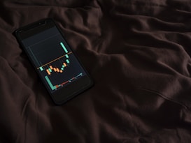 A smartphone displaying a financial chart with candlestick patterns is placed on a dark, crumpled fabric surface. The chart features various colored candlesticks against a dark background, suggesting financial analysis or stock market activity.