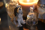 A warm wooden urn display softly lit with LED lights, holding a beloved dog's collar and photo.