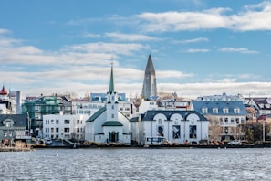 a large body of water with a city in the background