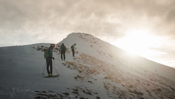 a group of people riding skis down a snow covered slope