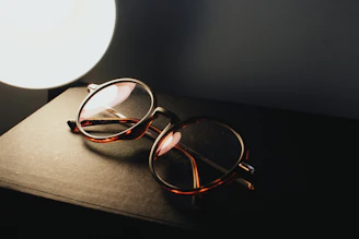A stylish pair of glasses resting on an open book with soft natural light.