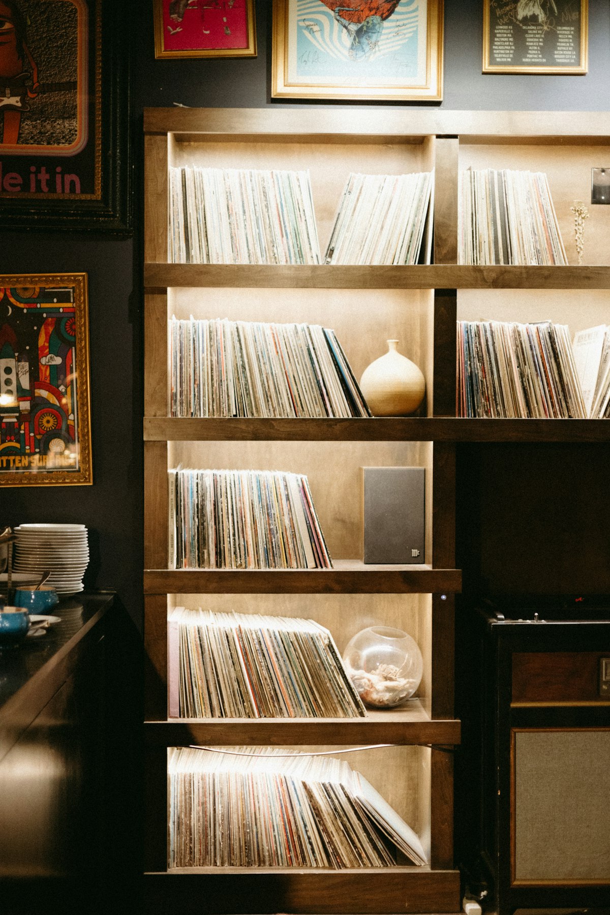 A shelf filled with vinyl records beside a speaker, the kind of small deliberate collection the revival is built on