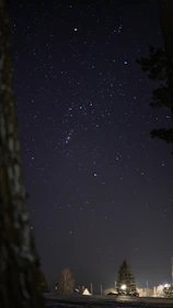 A serene office space with a view of the night sky featuring the Orion constellation.