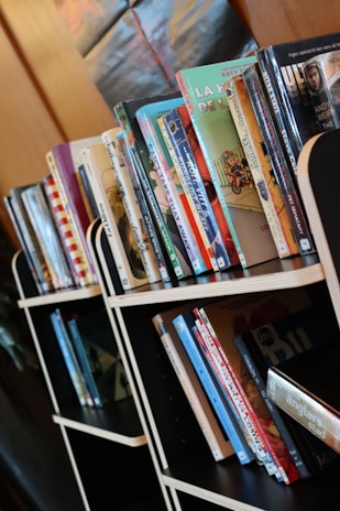 Law books neatly arranged on shelves in a modern office setting