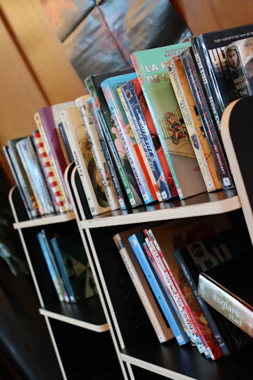 Bright bookshelf filled with colorful contemporary books and bestsellers in a modern home