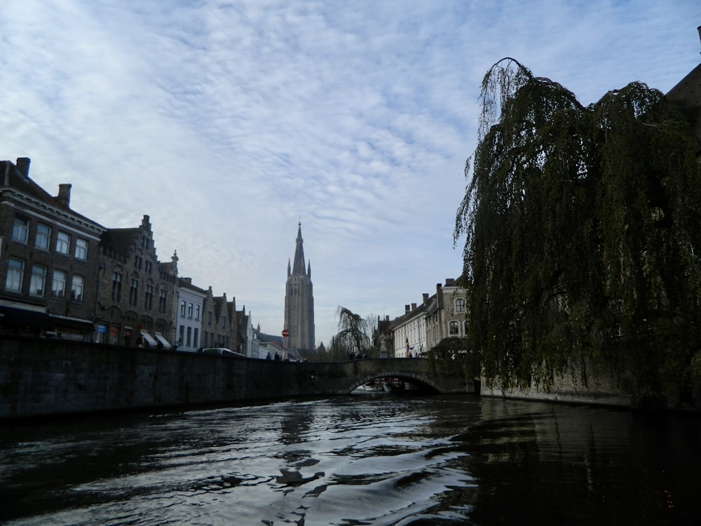 a river running through a city next to tall buildings