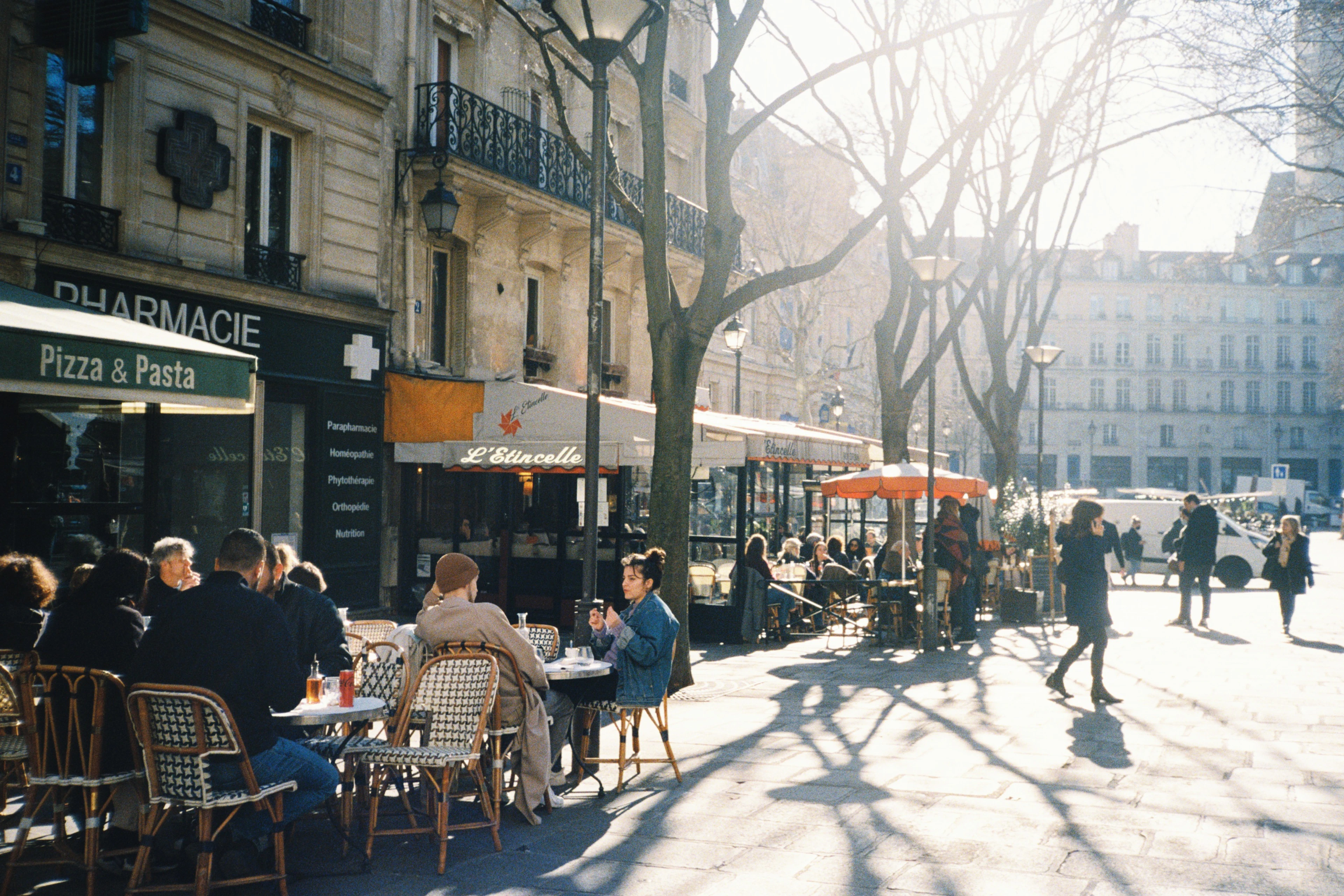 Sunlit Paris café terrace with woven bistro chairs on a square lined with bare plane trees