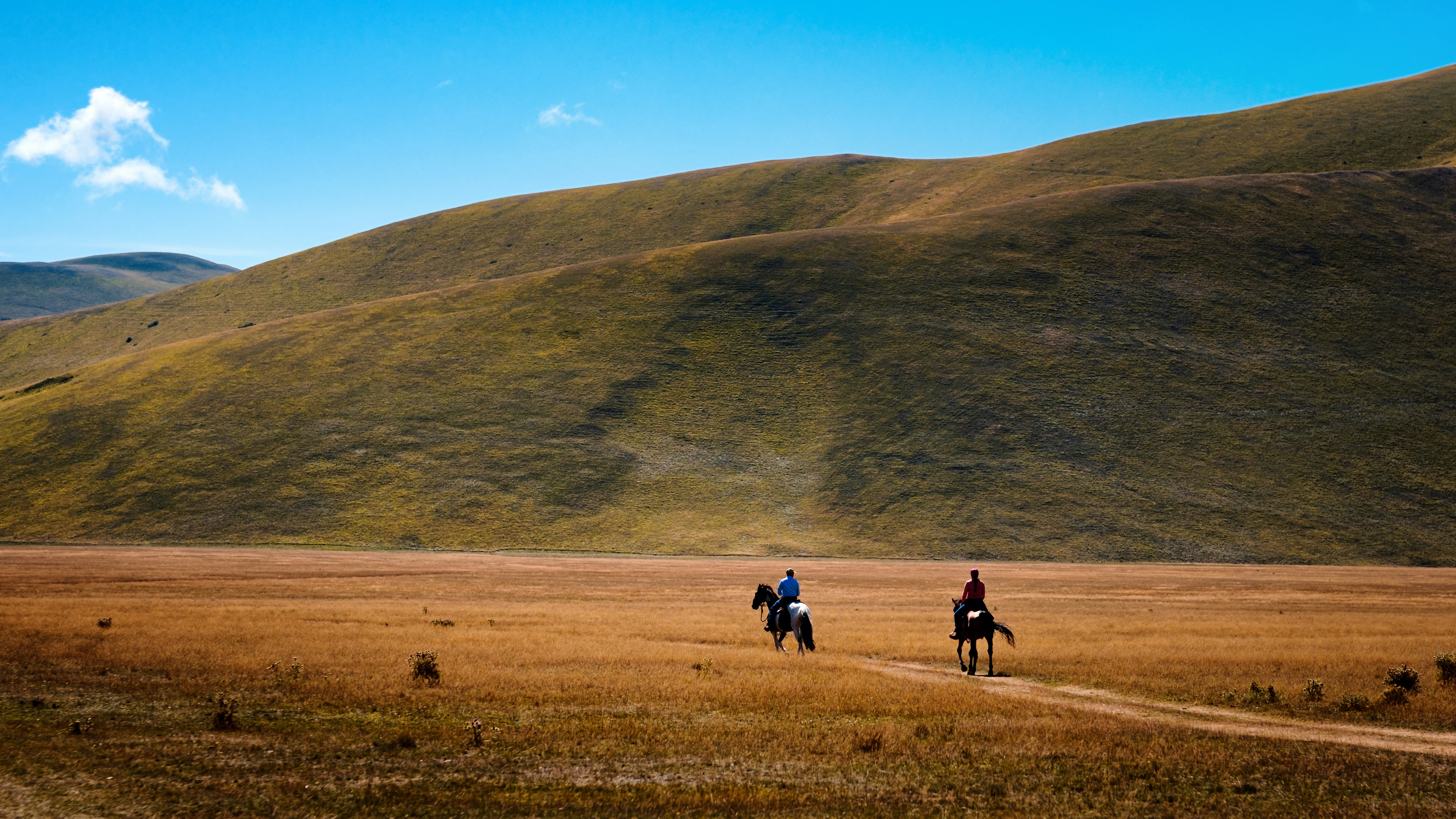 un paio di persone a cavallo attraverso un campo di erba secca