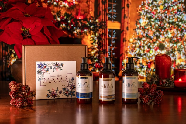 A cozy holiday scene with sparkling decorations and beauty products.