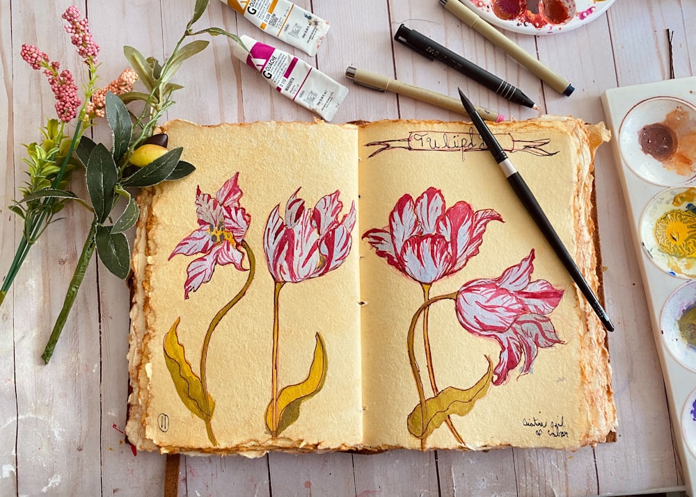 a book with flowers on it sitting on a table